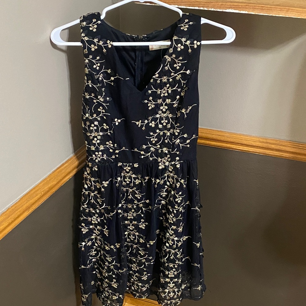 Altar’d State Black & gold Floral Embroidered Fit & Flare Dress size XS